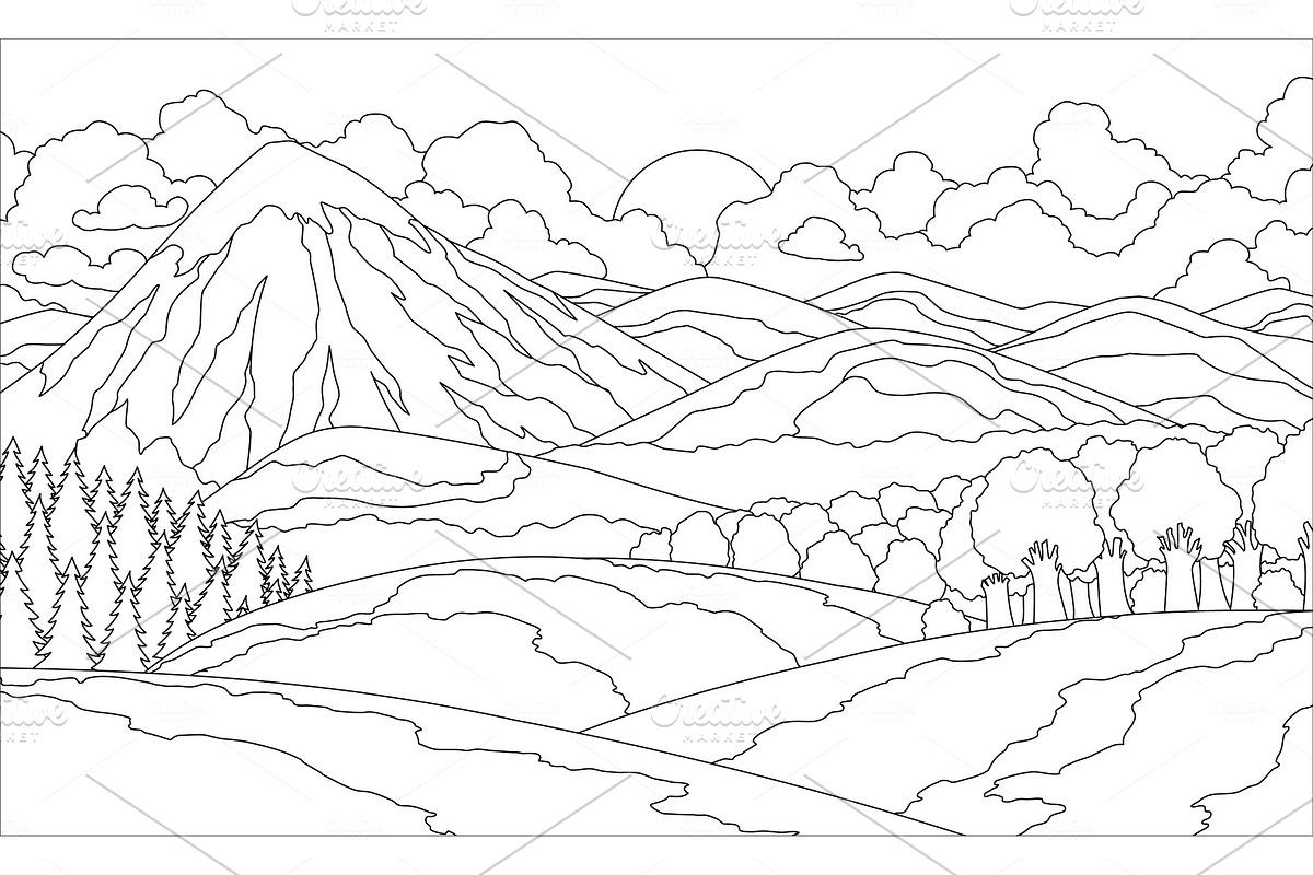 Download 319+ Mountains View Landscapes Coloring Pages PNG