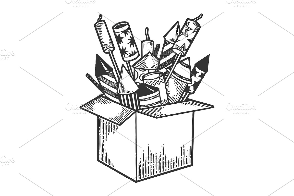 Box with fireworks sketch engraving in Objects - product preview 8