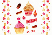 Watercolor sweets. Patterns. Vector