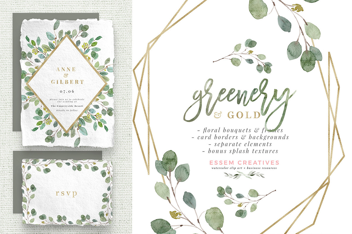 Greenery and Gold Watercolor Clipart in Illustrations - product preview 8