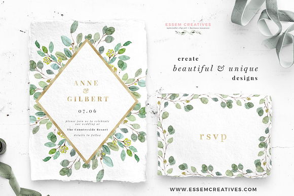 Greenery and Gold Watercolor Clipart in Illustrations - product preview 1