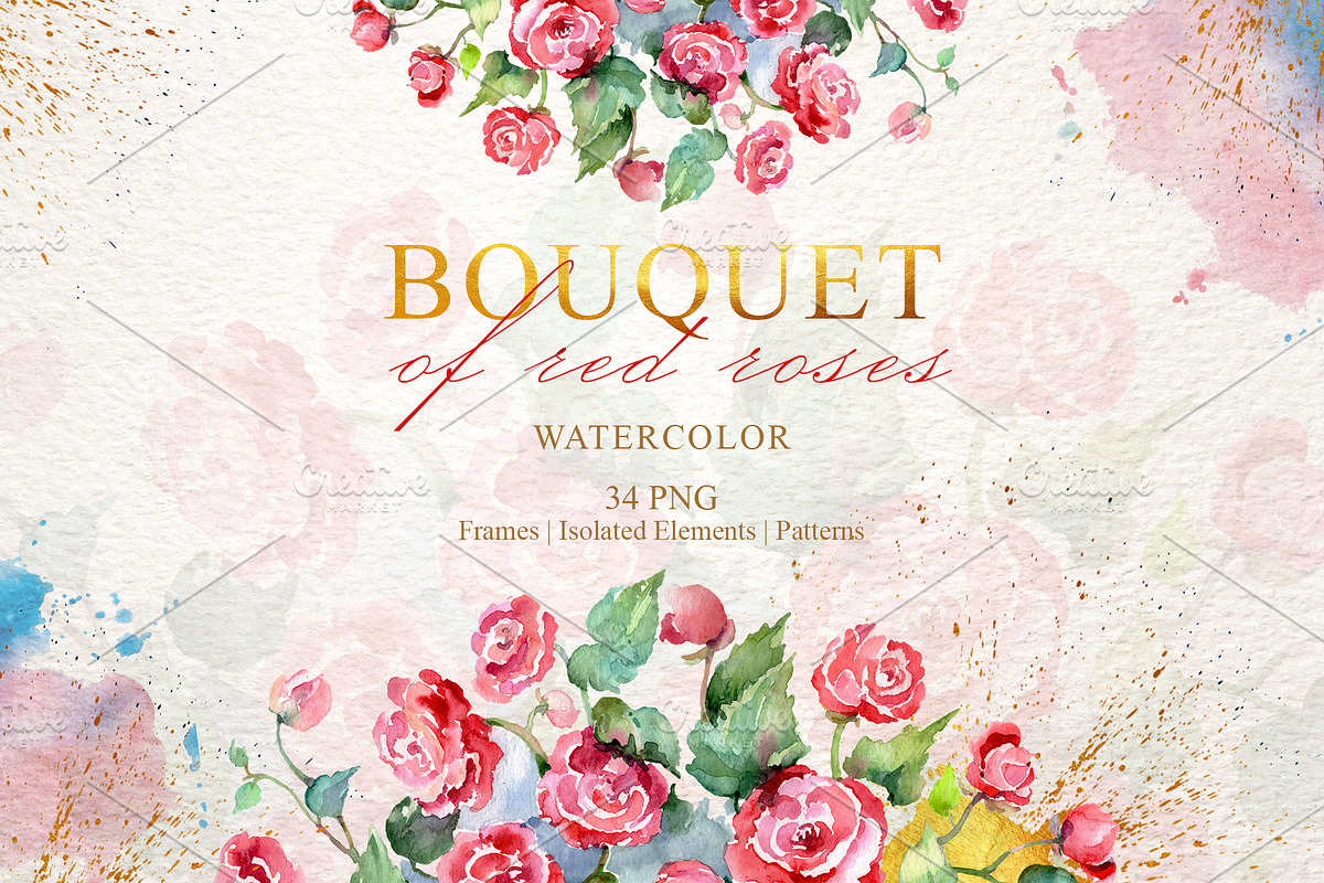 Bouquet of red roses Watercolor png in Illustrations - product preview 8