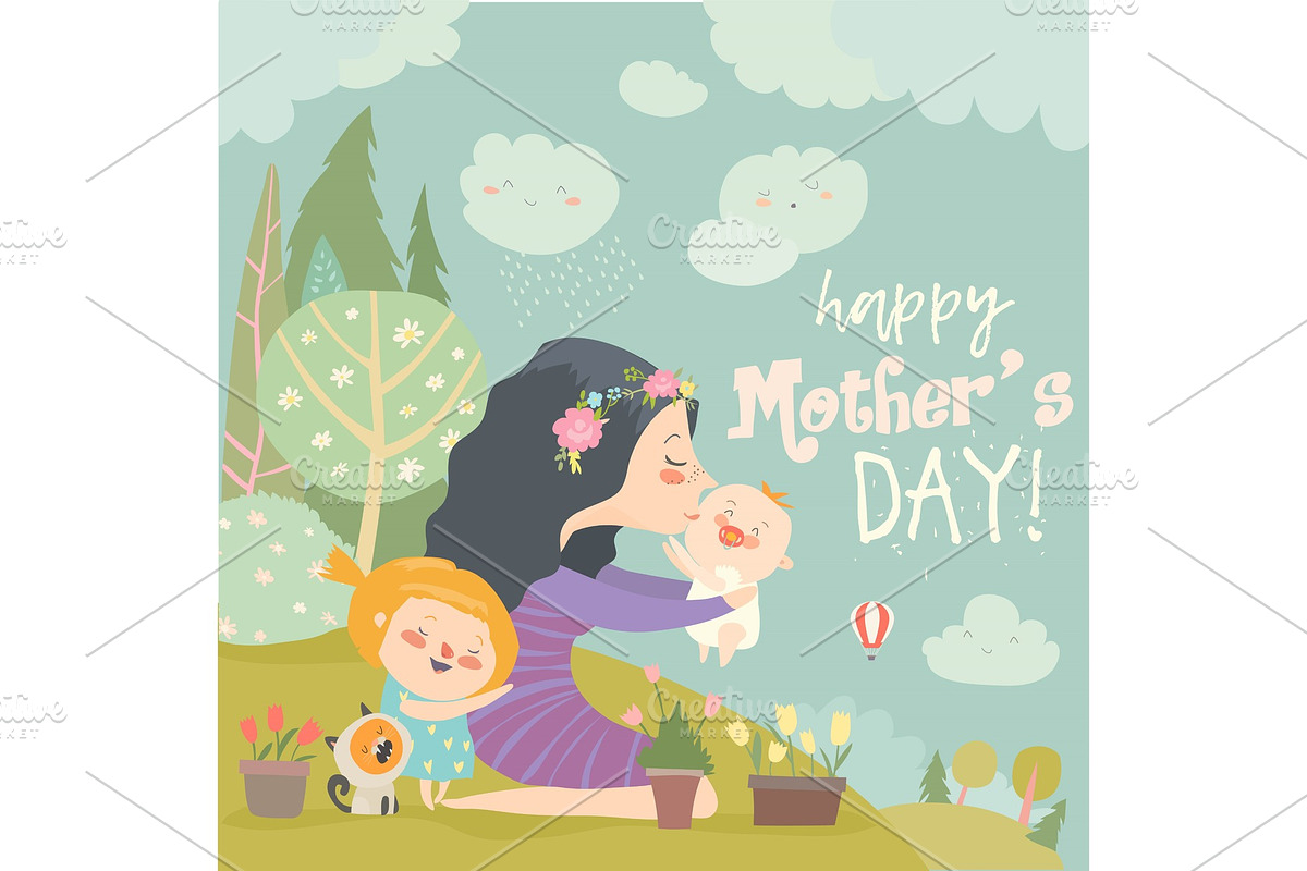 Happy woman and children in the in Illustrations - product preview 8
