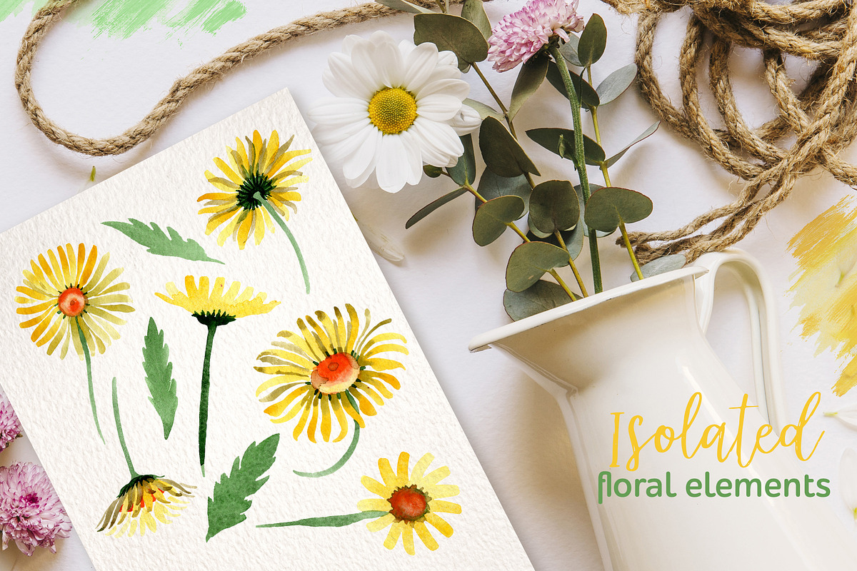 Yellow daisy Watercolor png in Illustrations - product preview 8