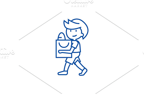 Boy with shopping bag line icon