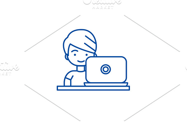 Boy working on laptop line icon