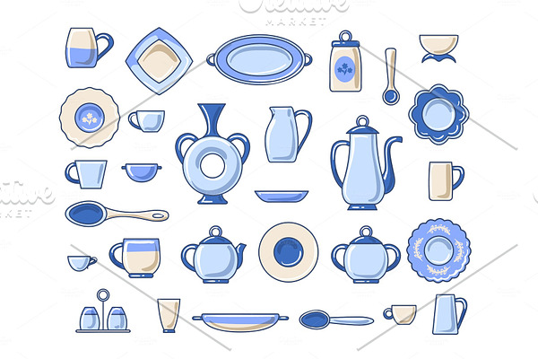 Ceramic crockery sketch icons set