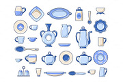 Ceramic crockery sketch icons set