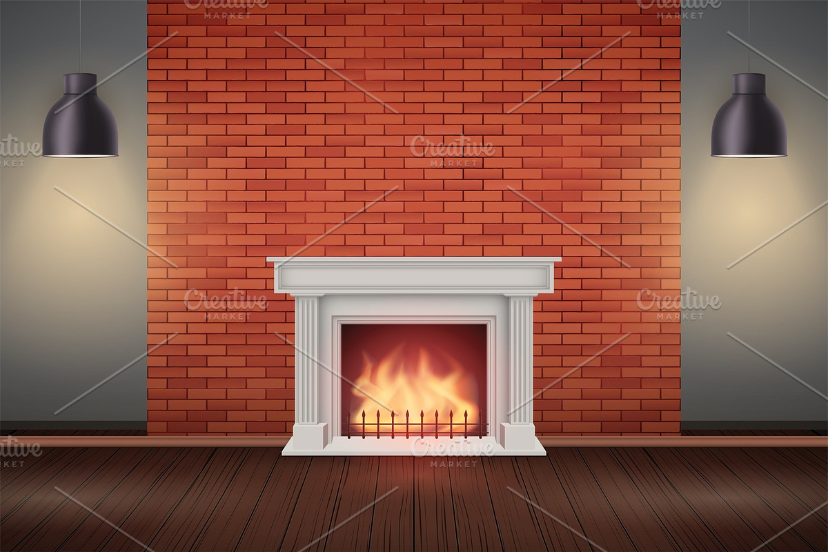 Red brick wall room with fireplace in Objects - product preview 8