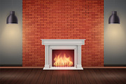 Red brick wall room with fireplace
