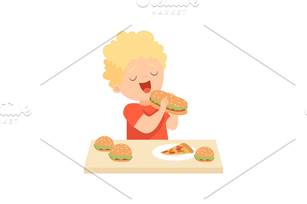 Cute Happy Boy Eating Burger, Kid