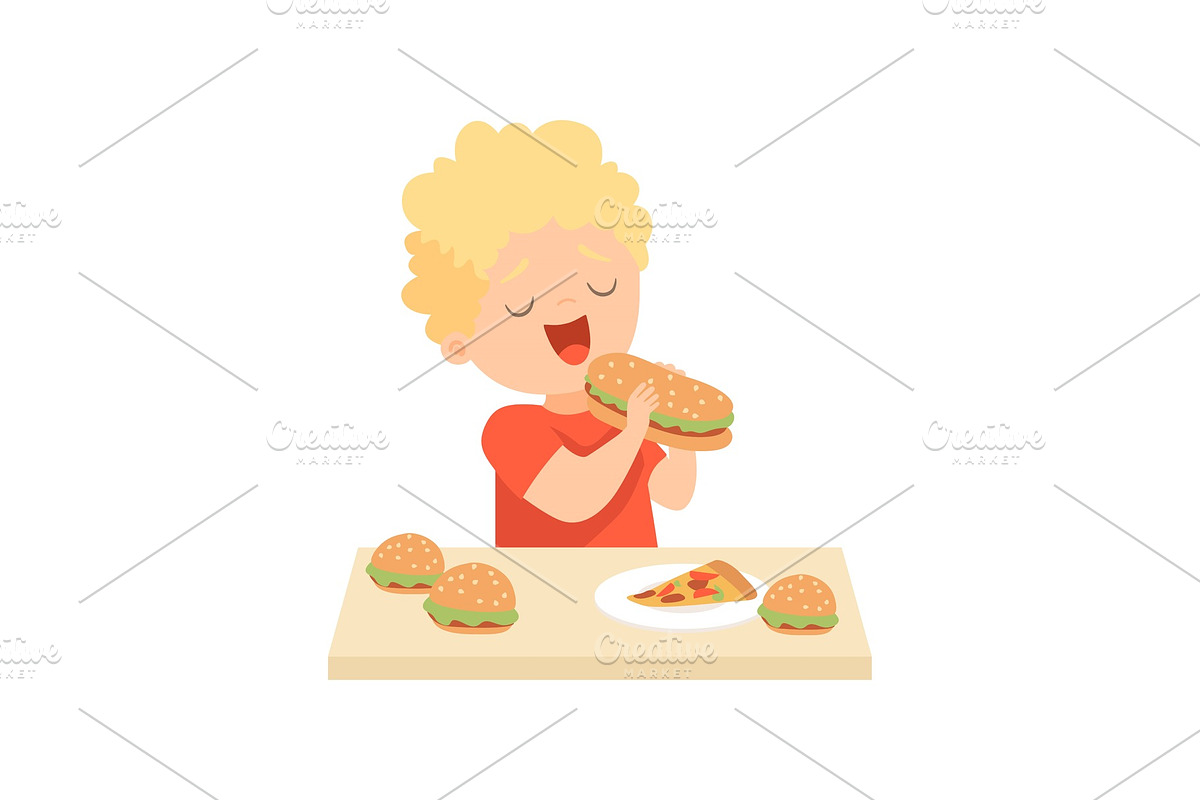 Cute Happy Boy Eating Burger, Kid in Illustrations - product preview 8