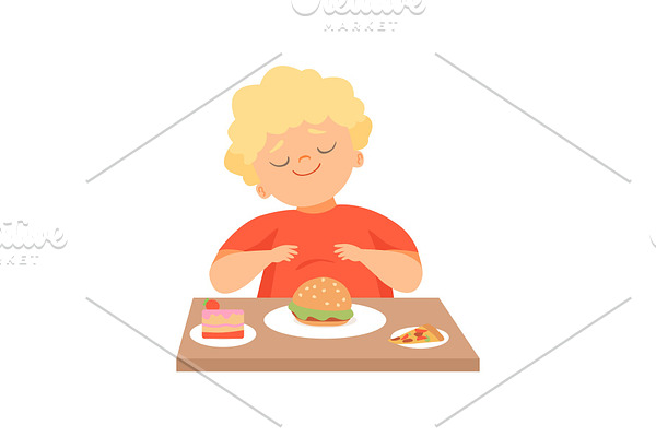 Cute Overweight Boy Eating Burger