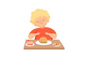 Cute Overweight Boy Eating Burger