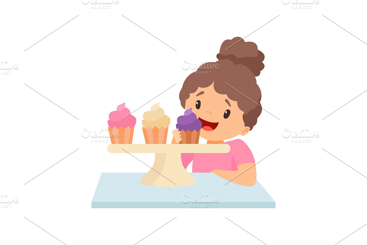 Cute Happy Little Girl Eating in Illustrations - product preview 8