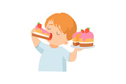 Cute Little Boy Eating Creamy Cake
