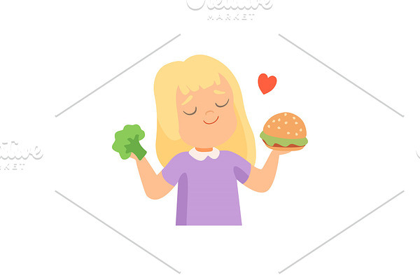 Girl Holding Burger and Broccoli in