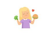 Girl Holding Burger and Broccoli in