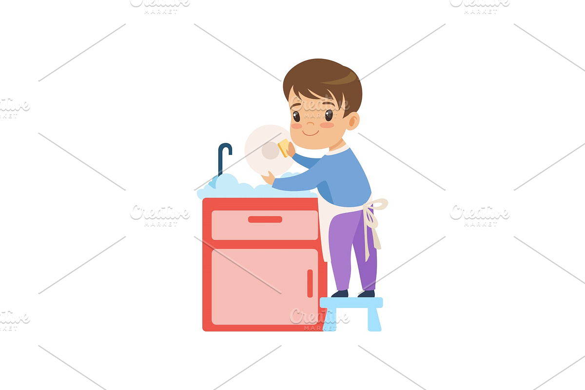 Cute Boy Washing Dishes, Kid in Illustrations - product preview 8