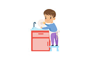 Cute Boy Washing Dishes, Kid