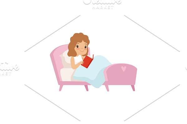 Cute Girl Reading Book in Bed