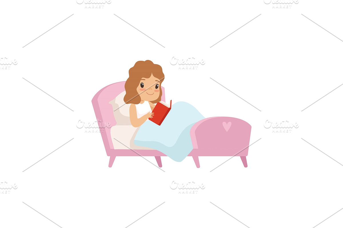 Cute Girl Reading Book in Bed in Illustrations - product preview 8