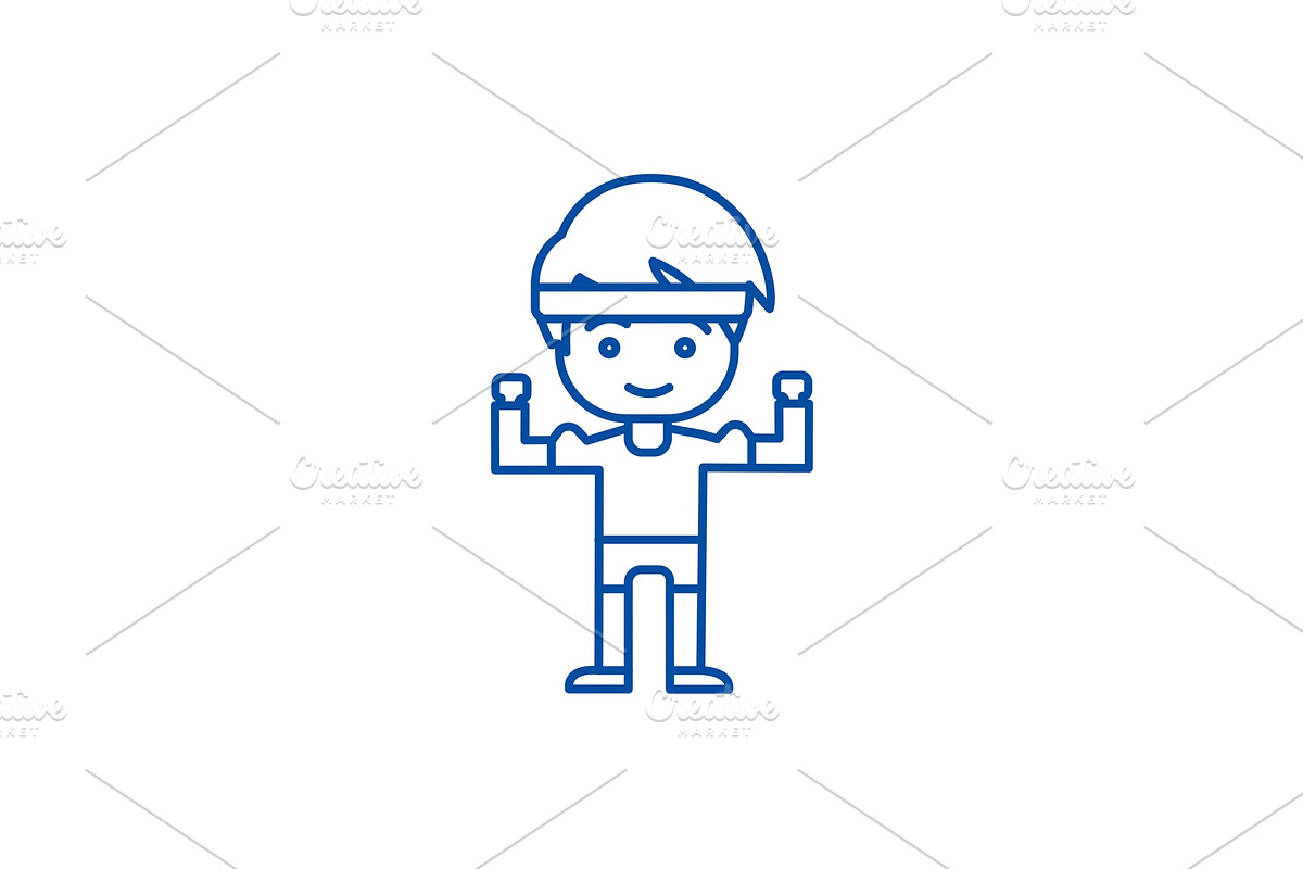 Strong boy, hands up line icon in Illustrations - product preview 8