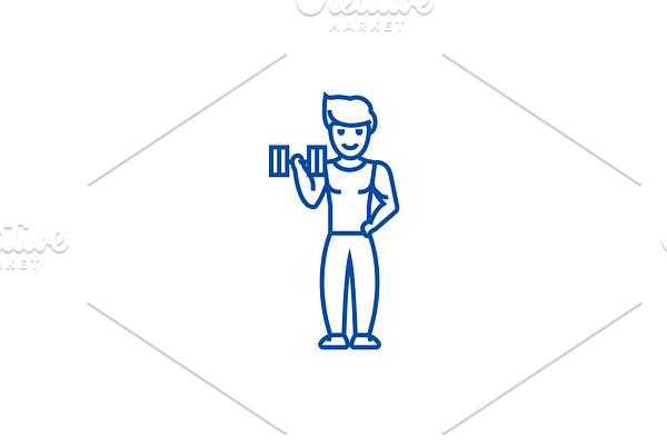Strong man doing exercises line icon