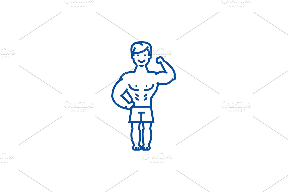Strong man, bodybuilder muscles line in Illustrations - product preview 8