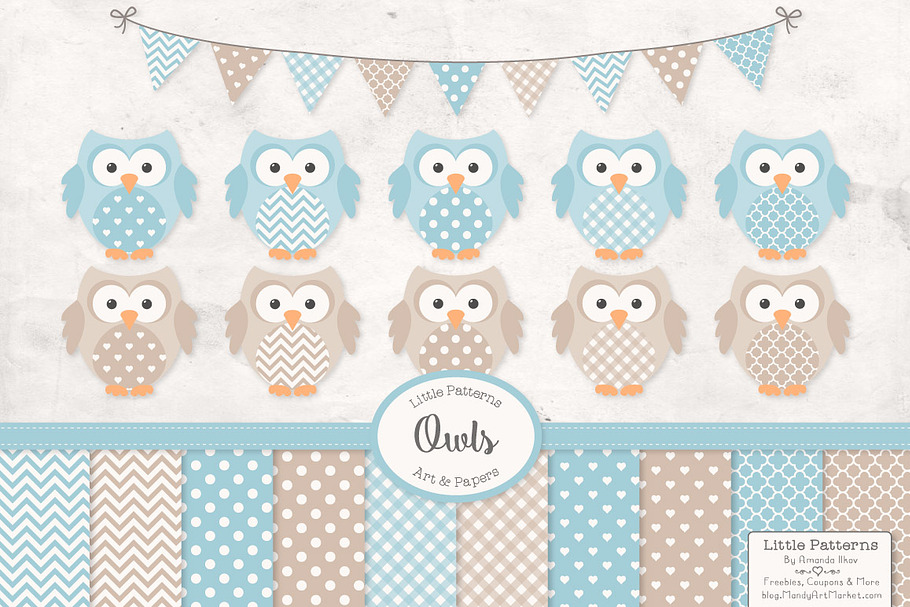 Soft Blue Vector Owls & Papers in Illustrations - product preview 8