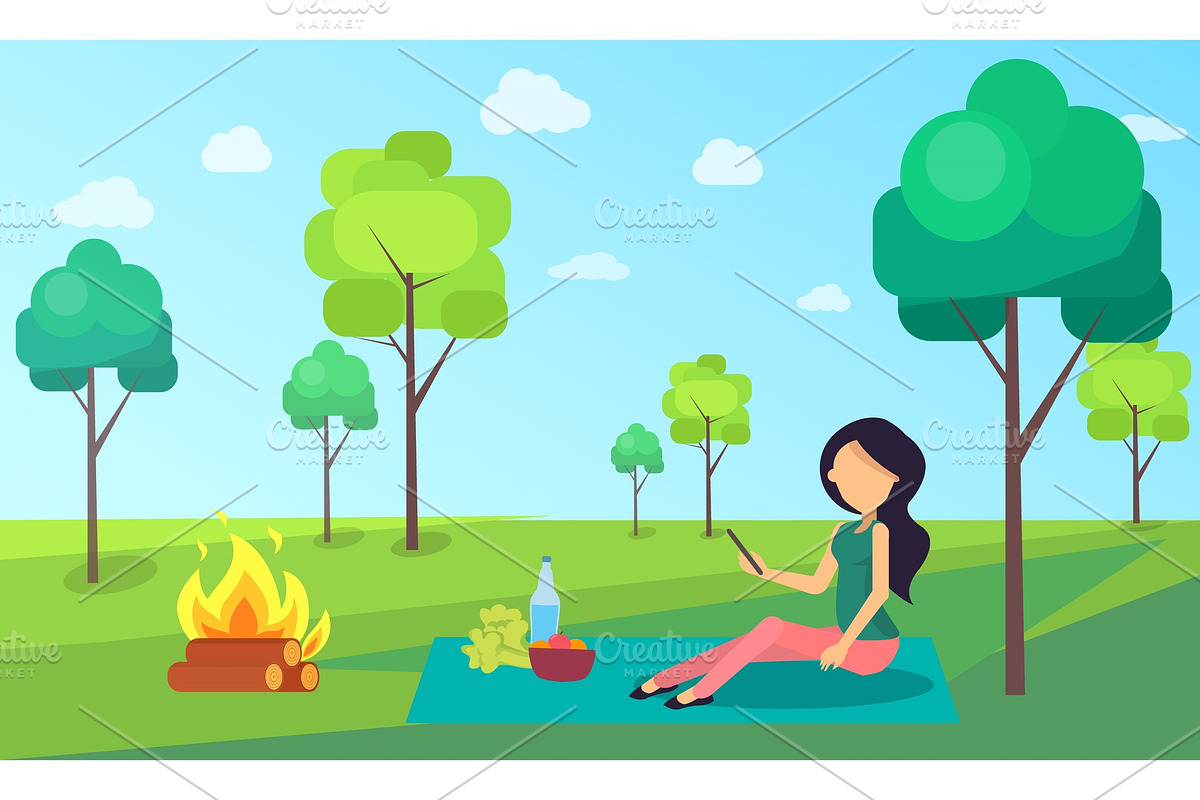 Picnic of Woman Sitting on Cloth in Illustrations - product preview 8