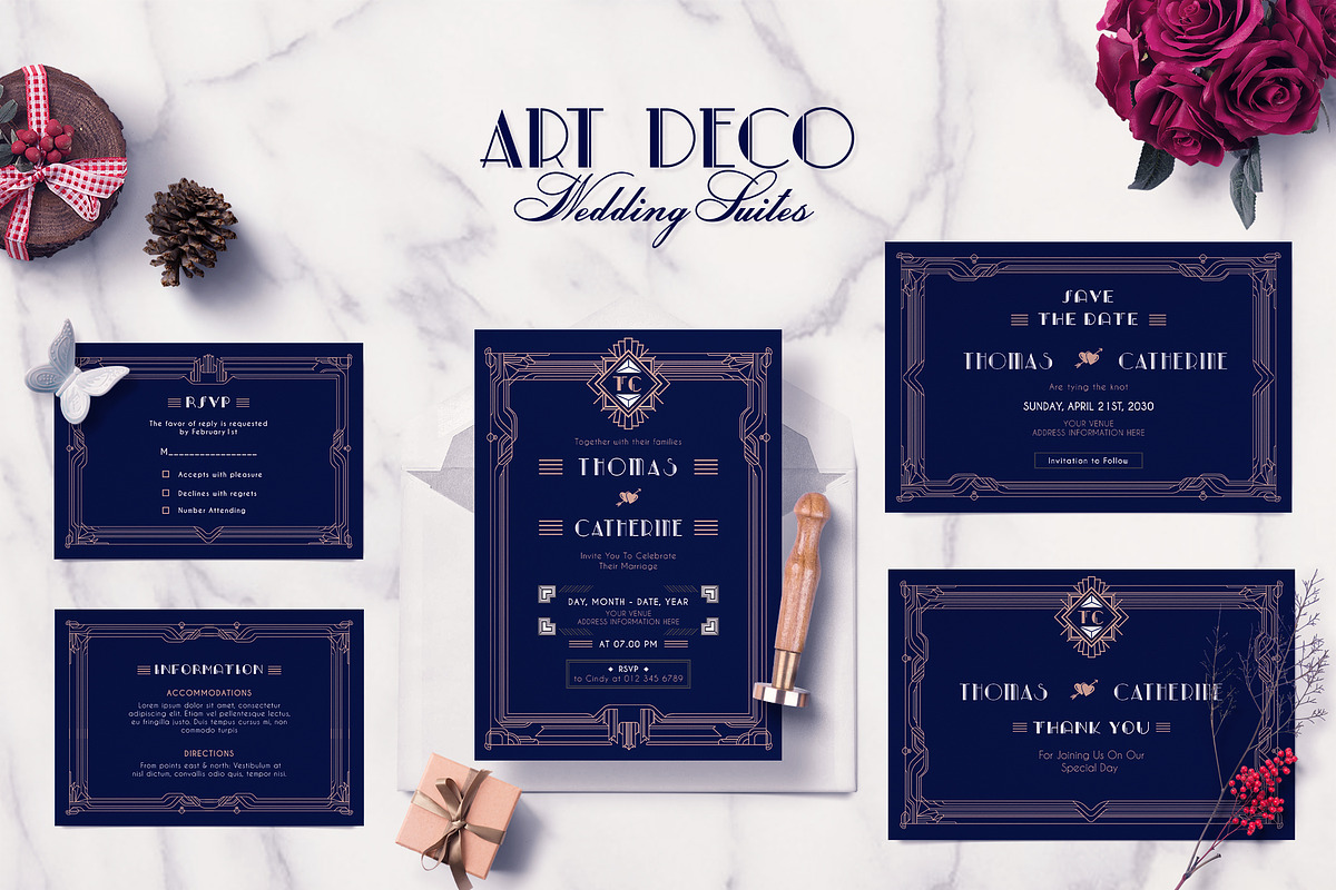 ART DECO WEDDING INVITATION SUITES in Wedding Templates - product preview 8