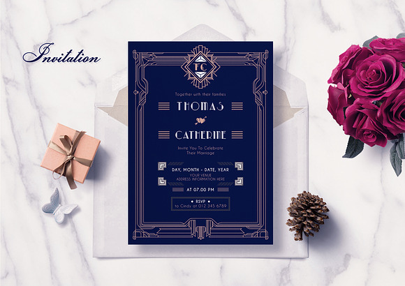 ART DECO WEDDING INVITATION SUITES in Wedding Templates - product preview 1