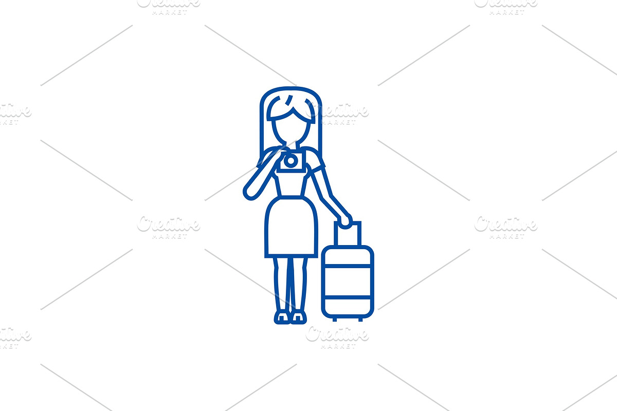 Travel woman making photo line icon in Illustrations - product preview 8