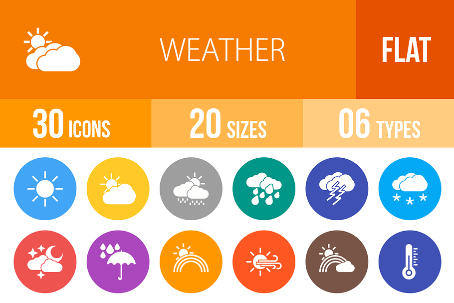 30 Weather Flat Round Icons
