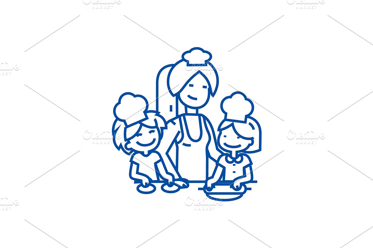 Woman cooking with kids line icon in Illustrations - product preview 8