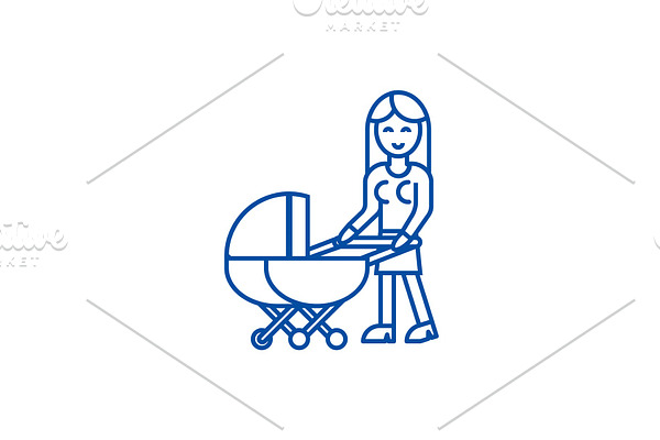 Woman with baby stroller line icon