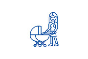 Woman with baby stroller line icon