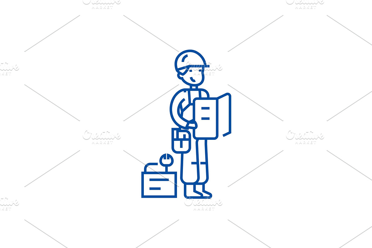 Worker with plan and tools line icon in Illustrations - product preview 8