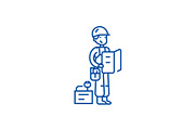 Worker with plan and tools line icon