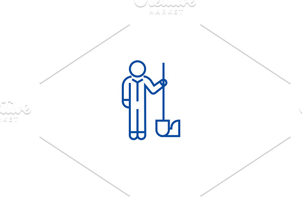 Worker with shovel line icon concept