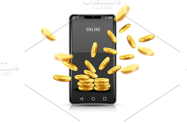 Smartphone with gold coins. Concept.