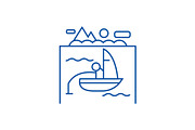 Lake, fishing on boat line icon