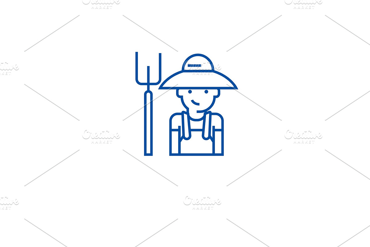 Farmer with hayfork line icon in Illustrations - product preview 8