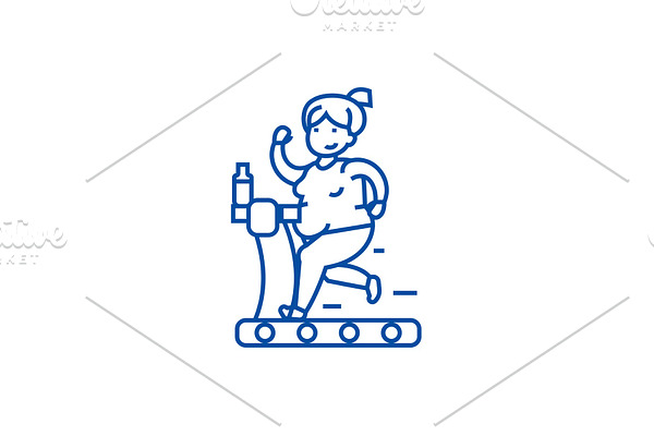Fat woman running in gym line icon