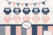 Navy & Blush Vector Owls & Papers