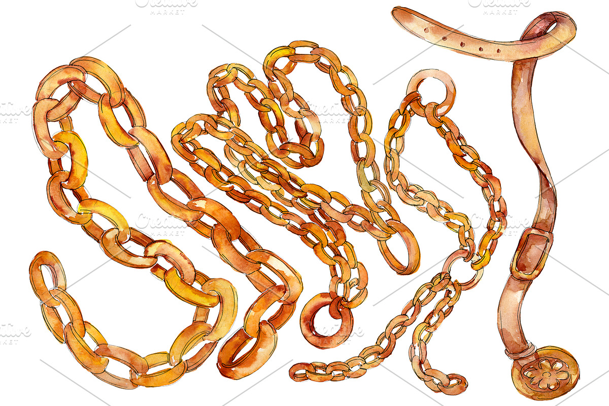 Chains, leather belts Watercolor png in Illustrations - product preview 8