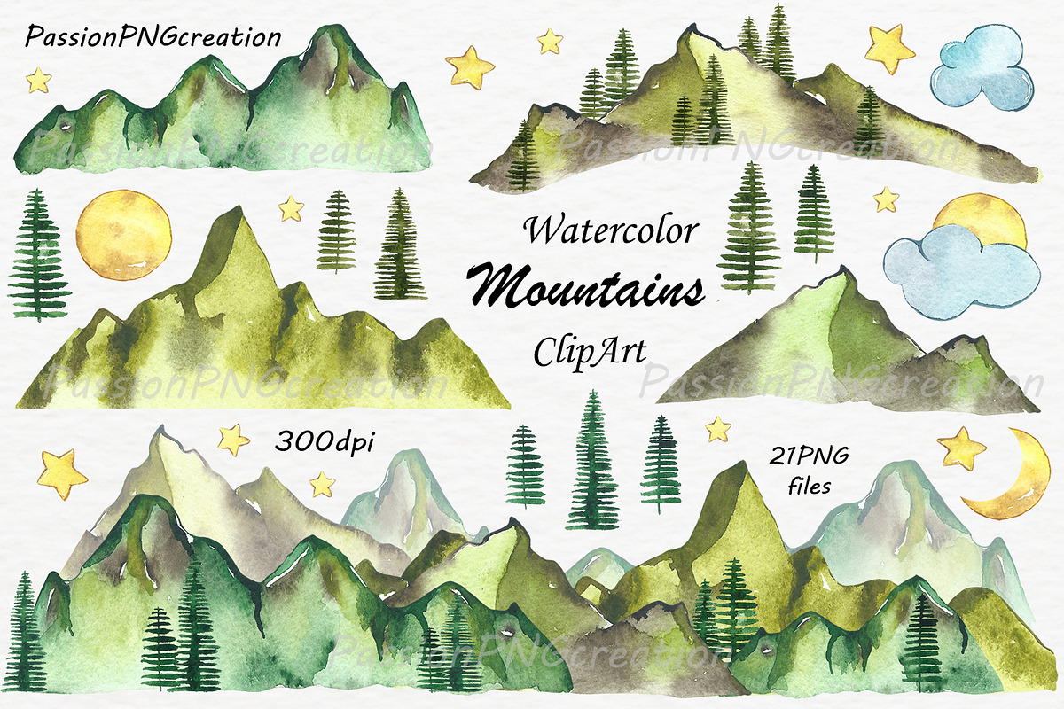 Watercolor Mountains Clipart in Illustrations - product preview 8