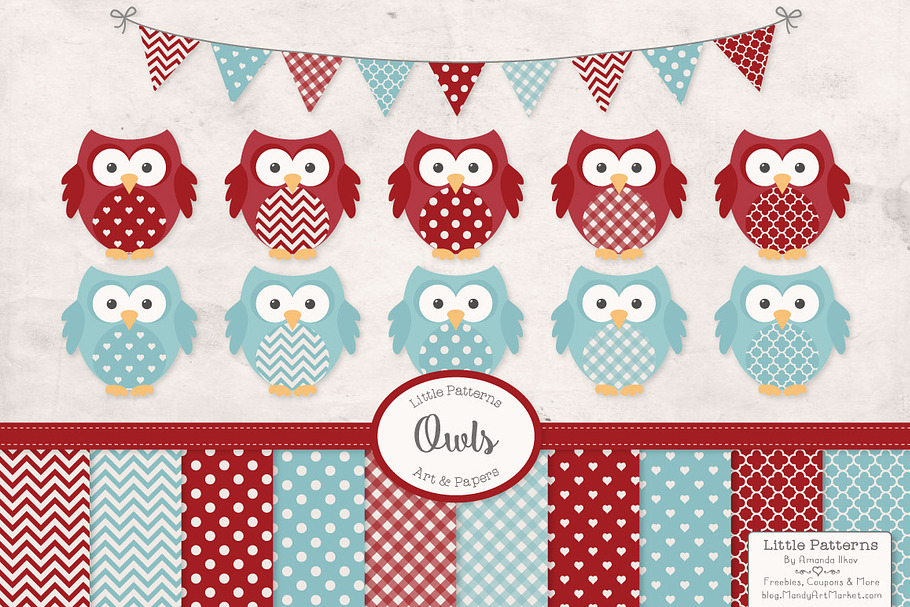 Robins Egg & Red Vector Owls & Paper