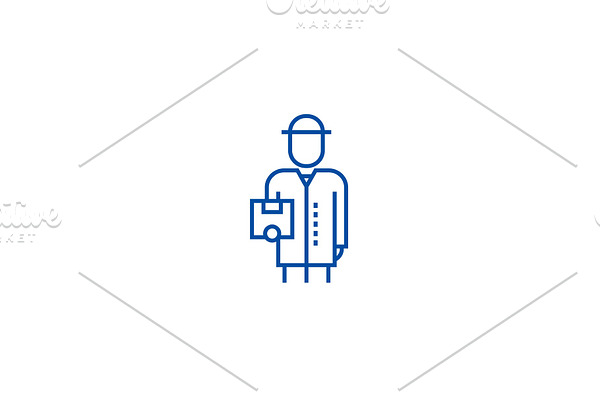 Delivery man with box line icon